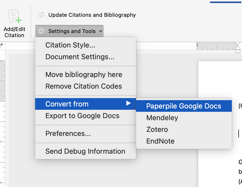 The Settings and Tools menu in Word with “Convert from” highlighted and its submenu open on Paperpile Google Docs, above Mendeley, Zotero and EndNote.